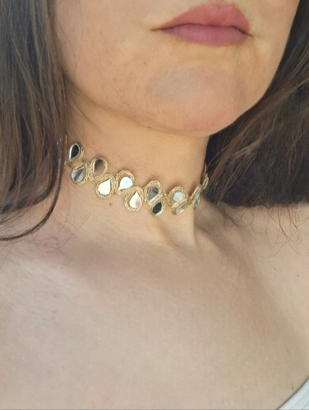 Handmade Gold Statement Choker Necklace Silver Teardrop Mirror Sequins Fairycore - Picture 3 of 8